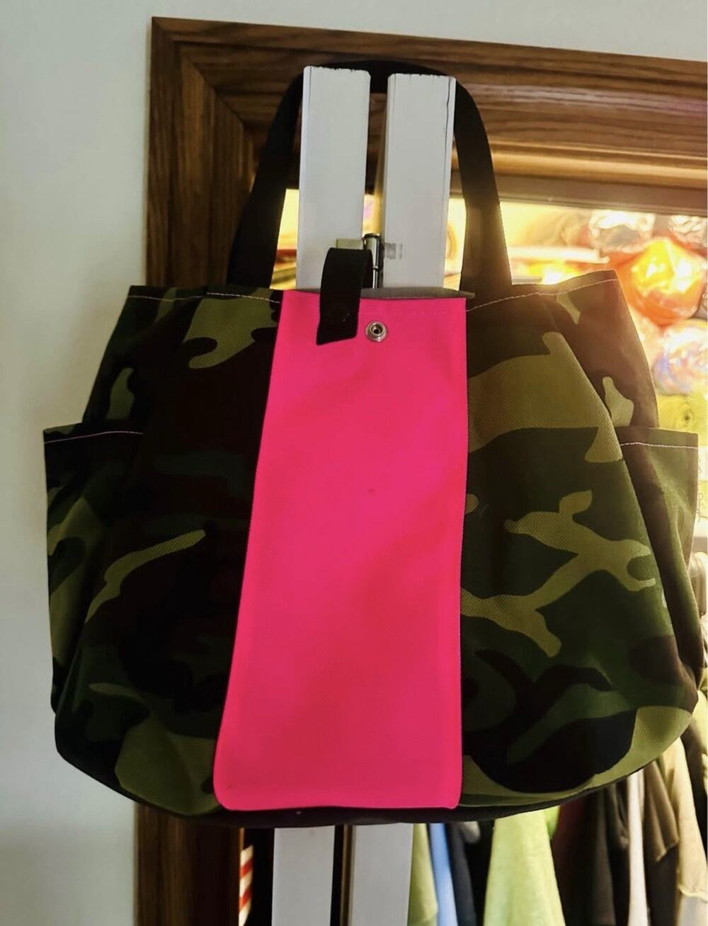 Women’s Camouflage Tote Bag Army Theme, Black Double Handles, Pouch & Pockets